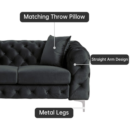 Divano moderno in velluto Morden Fort con bottoni trapuntati, struttura in legno massello e gambe in ferro