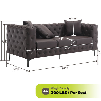 Divano moderno in velluto Morden Fort con bottoni trapuntati, struttura in legno massello e gambe in ferro