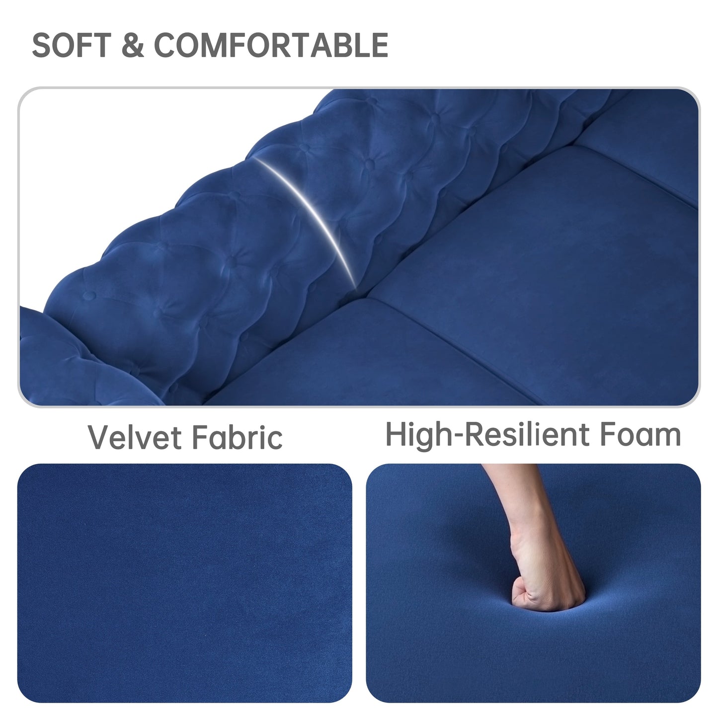 Divano moderno in velluto Morden Fort con bottoni trapuntati, struttura in legno massello e gambe in ferro