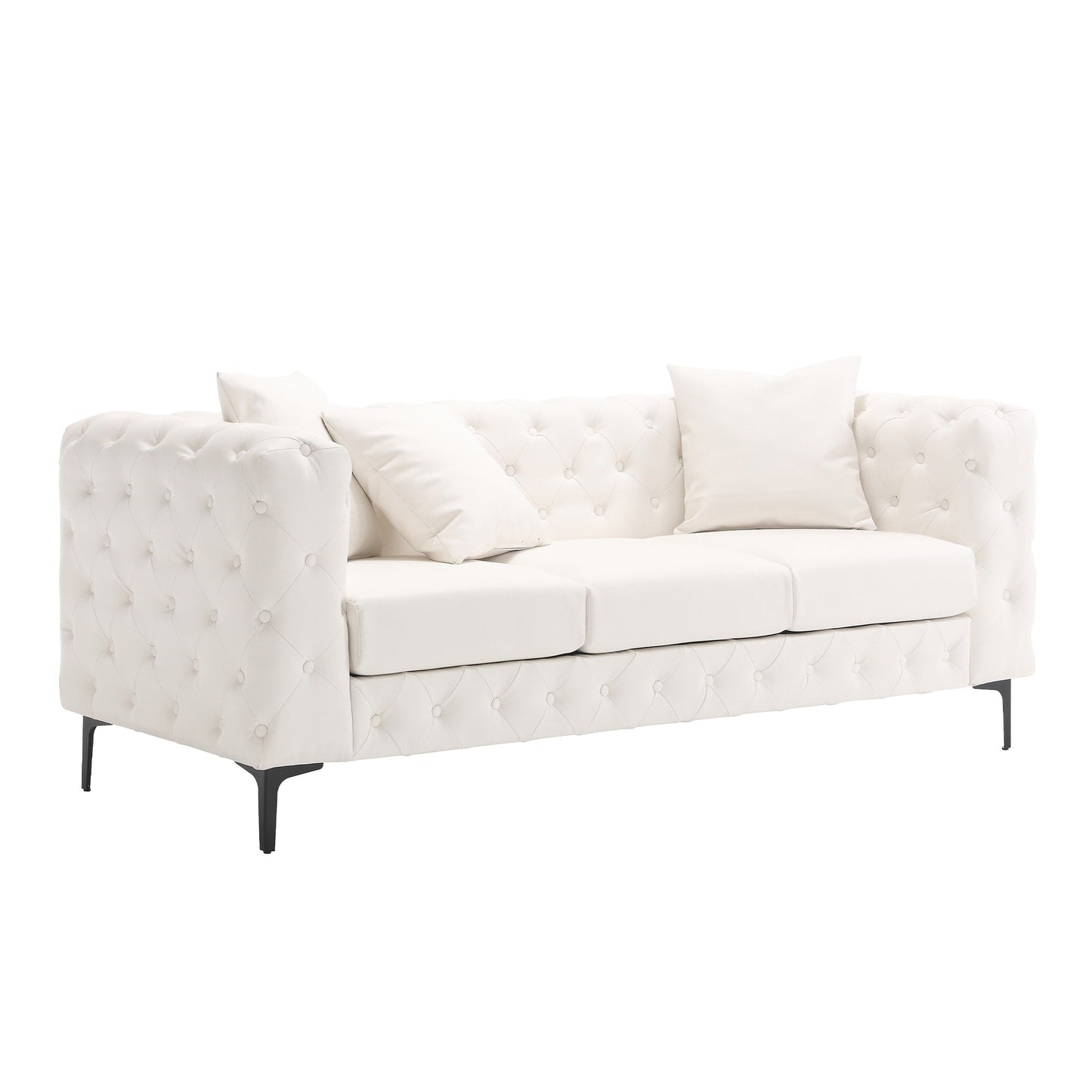 Divano moderno in velluto Morden Fort con bottoni trapuntati, struttura in legno massello e gambe in ferro