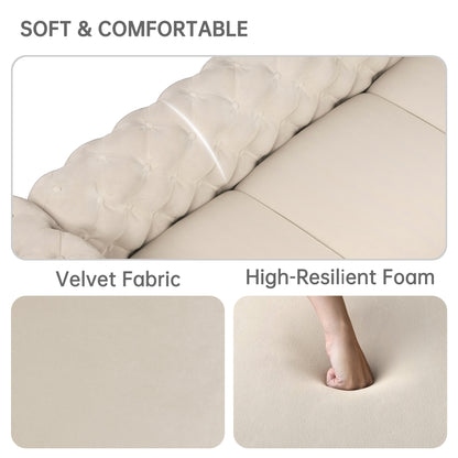 Divano moderno in velluto Morden Fort con bottoni trapuntati, struttura in legno massello e gambe in ferro