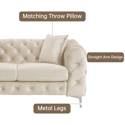 Divano moderno in velluto Morden Fort con bottoni trapuntati, struttura in legno massello e gambe in ferro