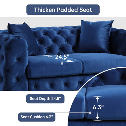 Divano moderno in velluto Morden Fort con bottoni trapuntati, struttura in legno massello e gambe in ferro