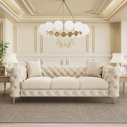 Divano moderno in velluto Morden Fort con bottoni trapuntati, struttura in legno massello e gambe in ferro