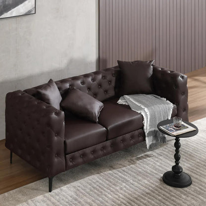 Divano moderno in velluto Morden Fort con bottoni trapuntati, struttura in legno massello e gambe in ferro