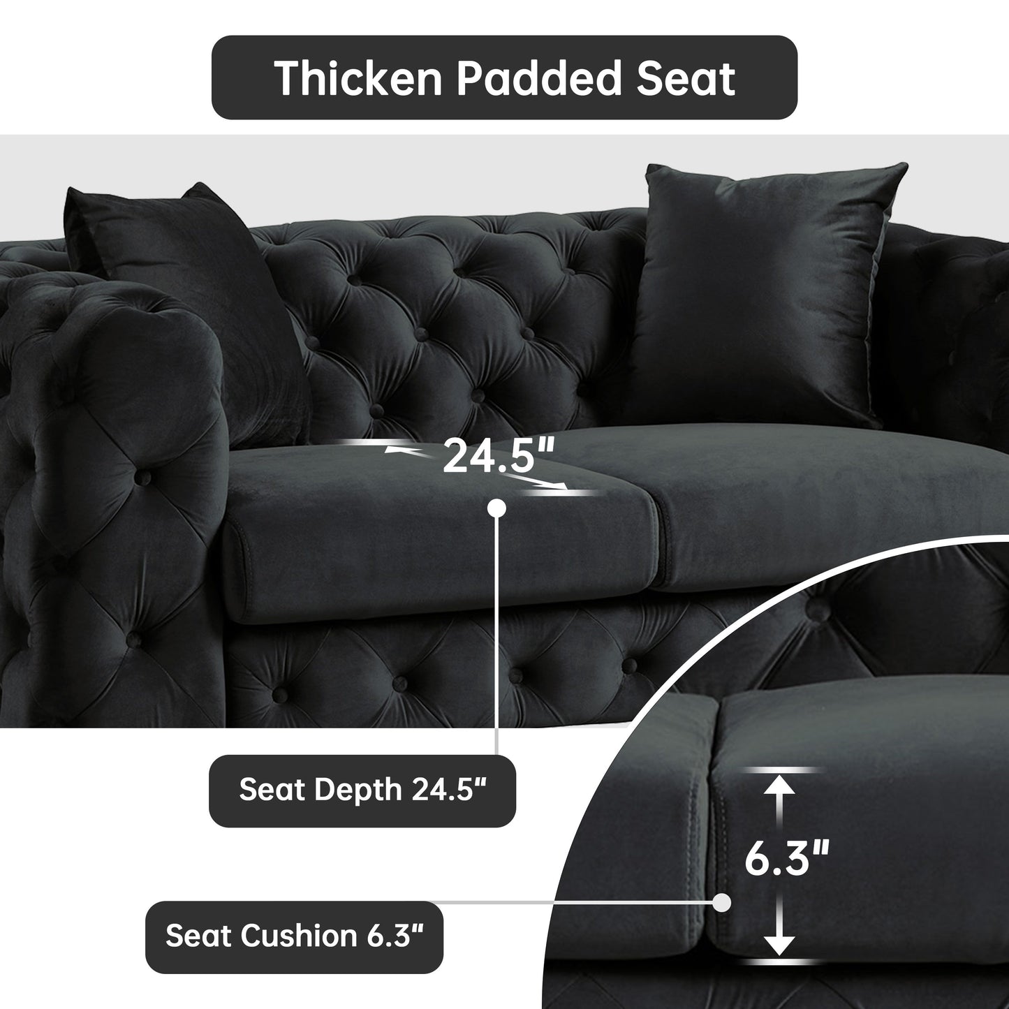 Divano moderno in velluto Morden Fort con bottoni trapuntati, struttura in legno massello e gambe in ferro