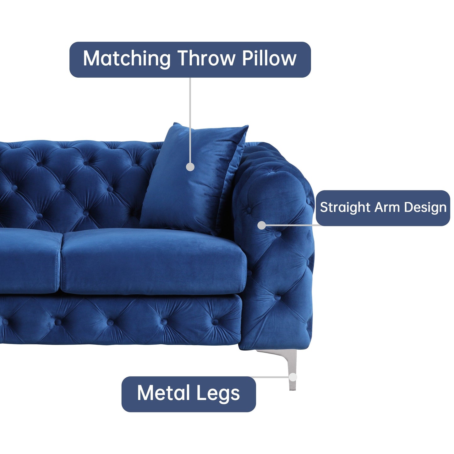 Divano moderno in velluto Morden Fort con bottoni trapuntati, struttura in legno massello e gambe in ferro