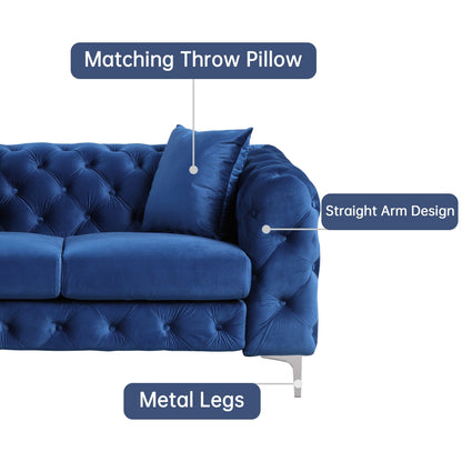 Divano moderno in velluto Morden Fort con bottoni trapuntati, struttura in legno massello e gambe in ferro