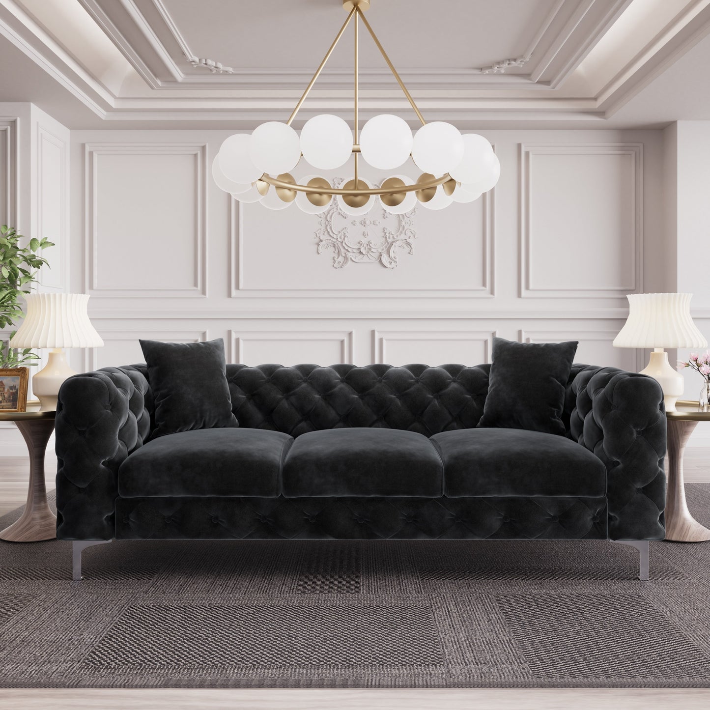 Divano moderno in velluto Morden Fort con bottoni trapuntati, struttura in legno massello e gambe in ferro