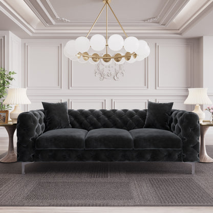 Divano moderno in velluto Morden Fort con bottoni trapuntati, struttura in legno massello e gambe in ferro