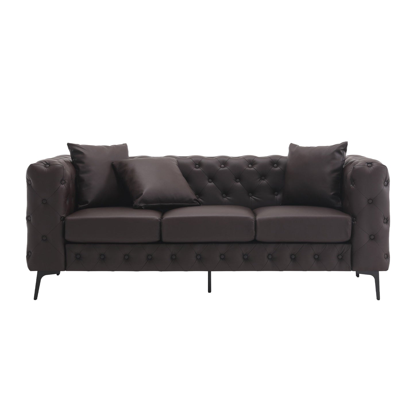 Divano moderno in velluto Morden Fort con bottoni trapuntati, struttura in legno massello e gambe in ferro