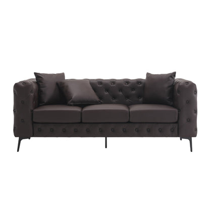 Divano moderno in velluto Morden Fort con bottoni trapuntati, struttura in legno massello e gambe in ferro