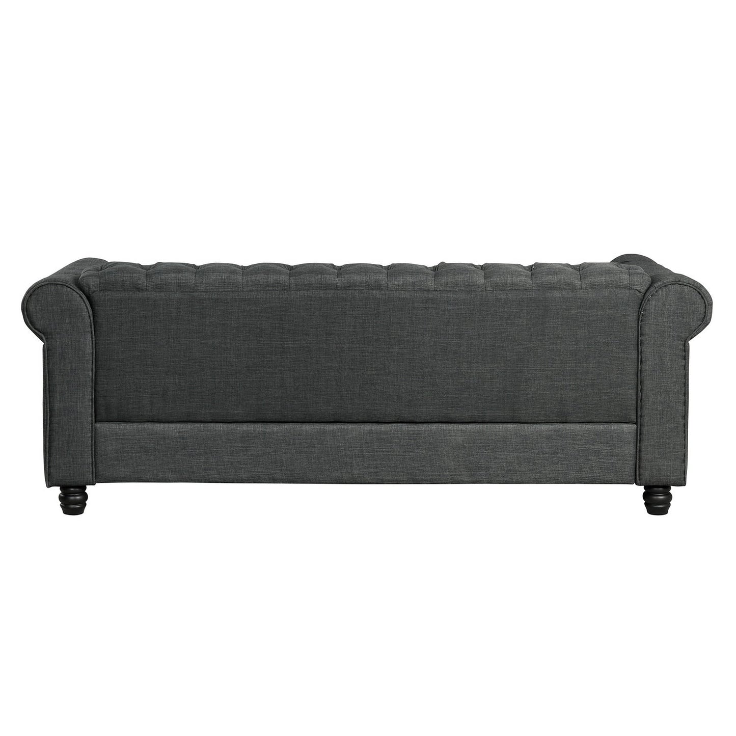 Divano Chesterfield Morden Fort Linen con bottoni trapuntati, borchie e gambe in legno massello per soggiorno