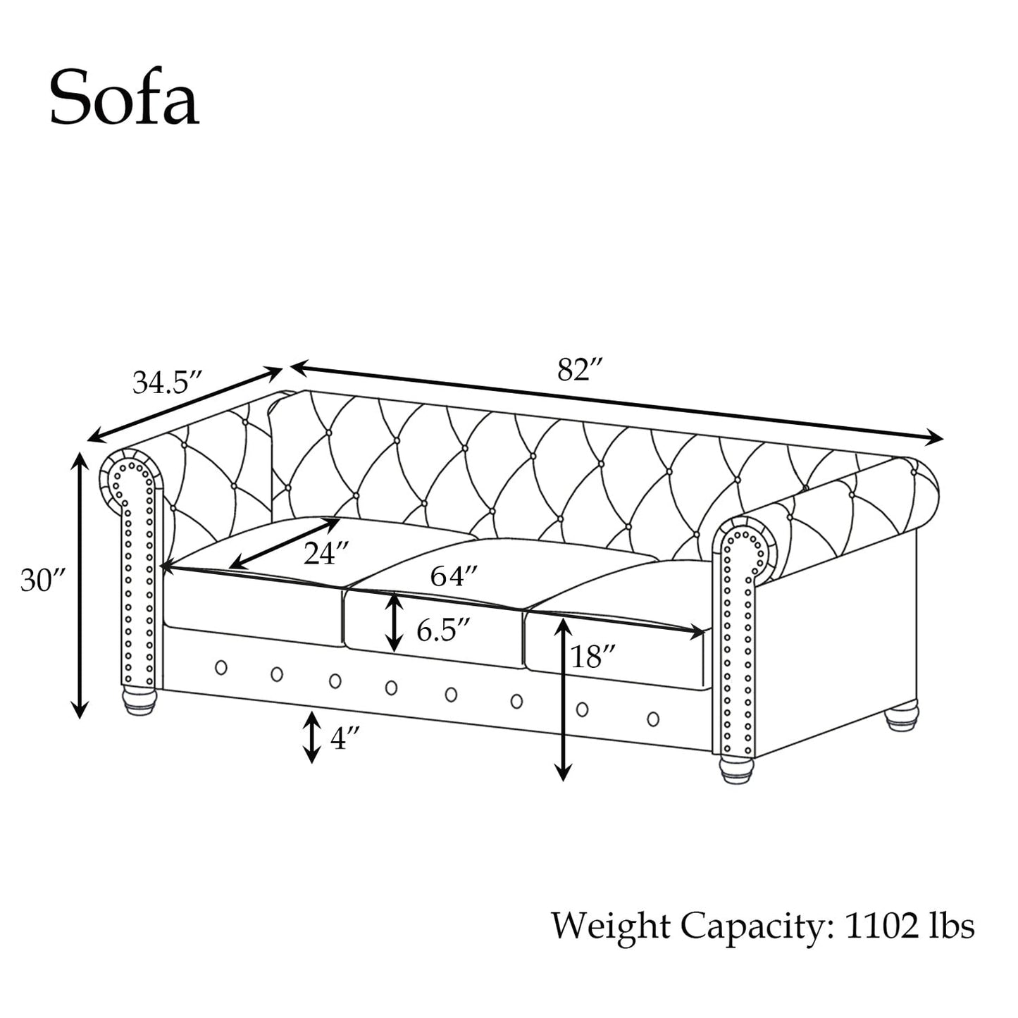 Divano Chesterfield Morden Fort Linen con bottoni trapuntati, borchie e gambe in legno massello per soggiorno