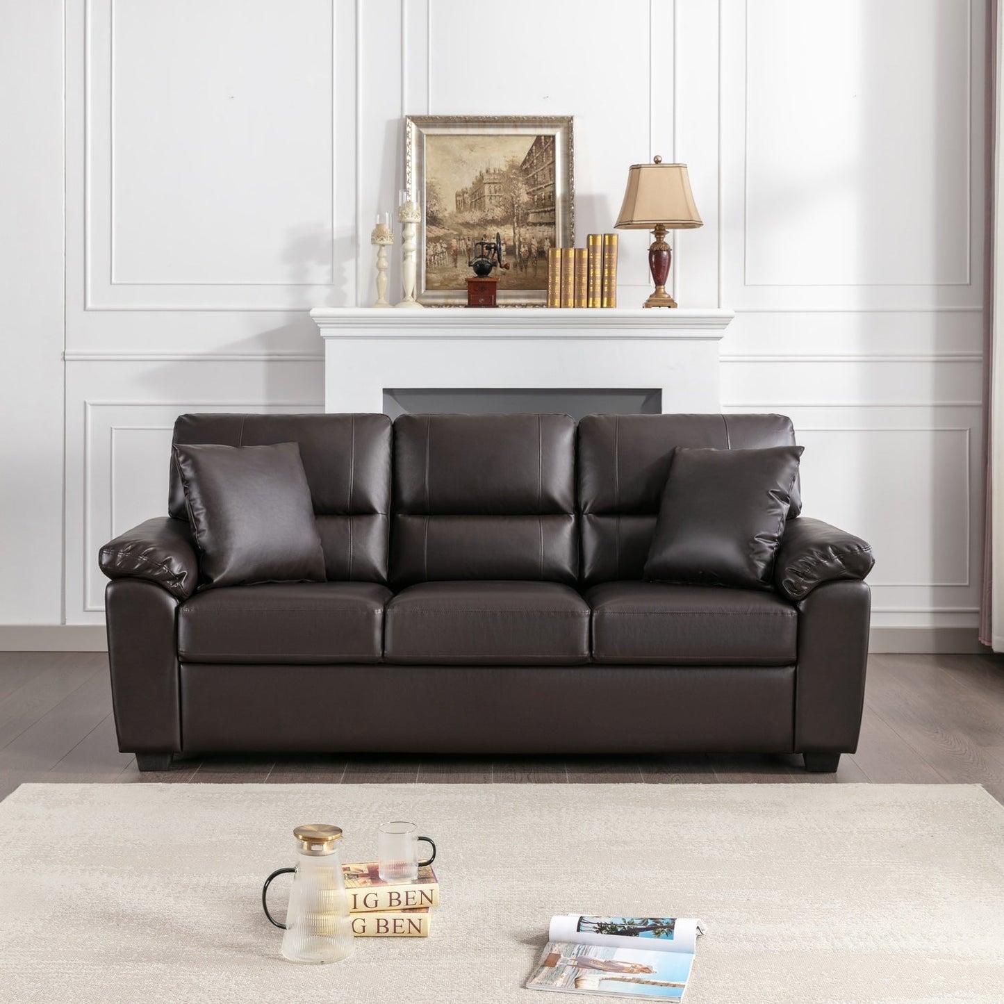 Divano imbottito Morden Fort per soggiorno, divano a tre posti in similpelle