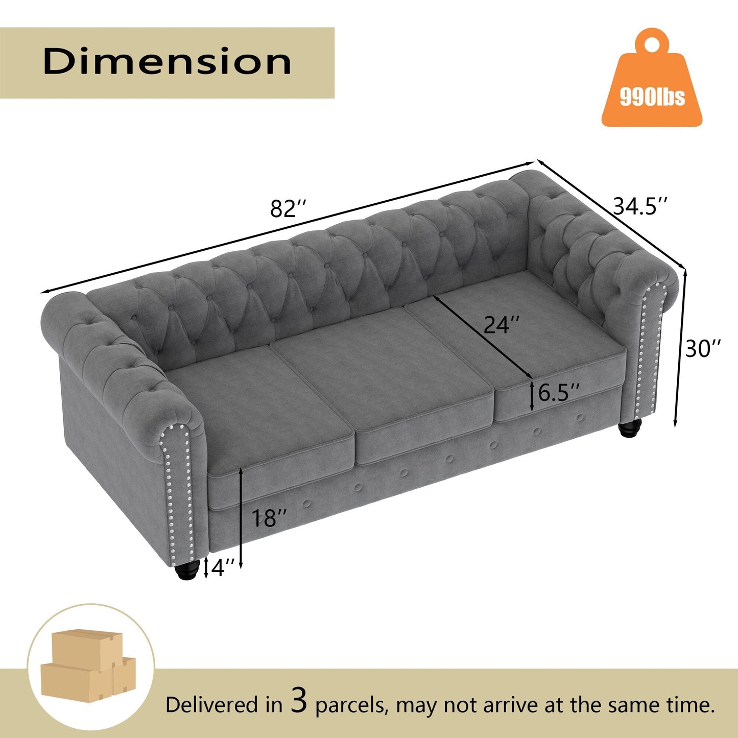 Divano Chesterfield imbottito in velluto Morden Fort con borchie e gambe solide per soggiorno
