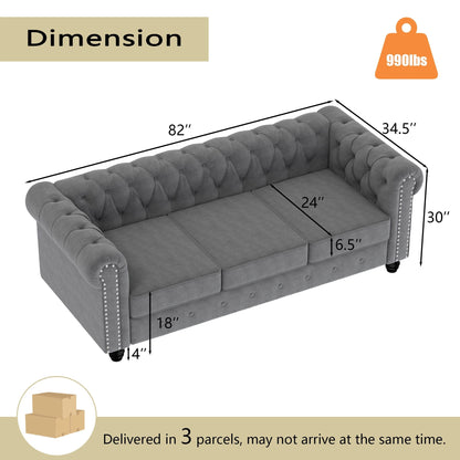 Divano Chesterfield imbottito in velluto Morden Fort con borchie e gambe solide per soggiorno