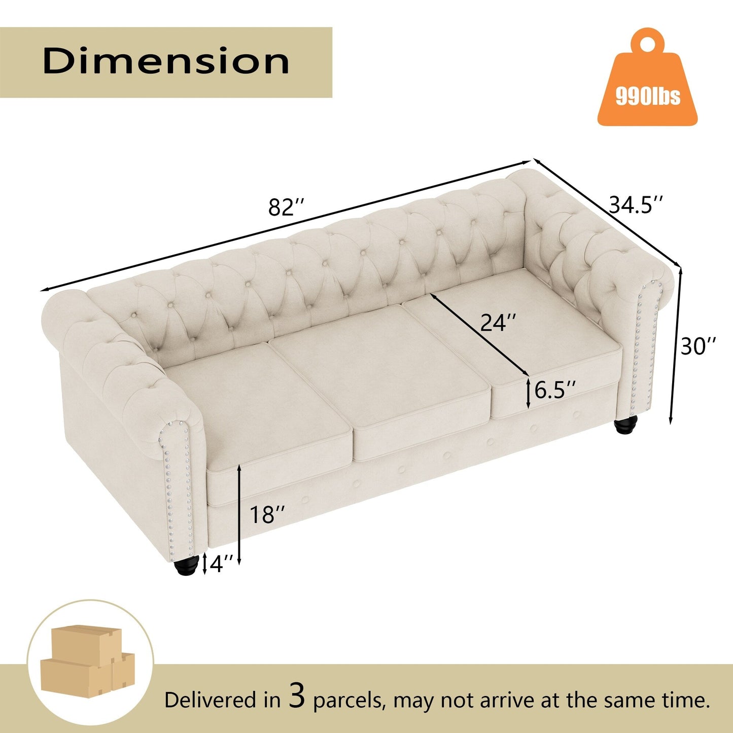 Divano Chesterfield imbottito in velluto Morden Fort con borchie e gambe solide per soggiorno