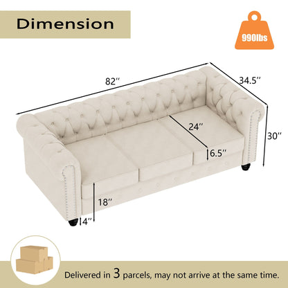 Divano Chesterfield imbottito in velluto Morden Fort con borchie e gambe solide per soggiorno