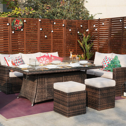 Set da pranzo con braciere per conversazione all'aperto Morden in vimini/acciaio da 7 pezzi