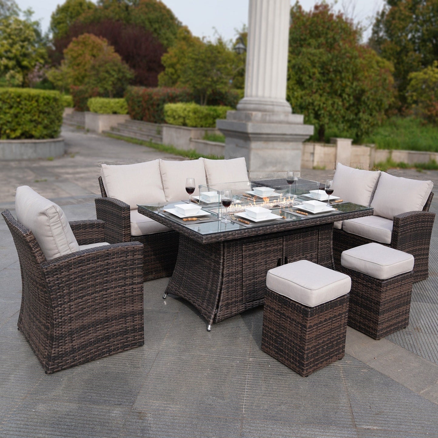 Set da pranzo con braciere per conversazione all'aperto Morden in vimini/acciaio da 7 pezzi