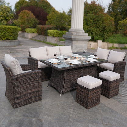 Set da pranzo con braciere per conversazione all'aperto Morden in vimini/acciaio da 7 pezzi