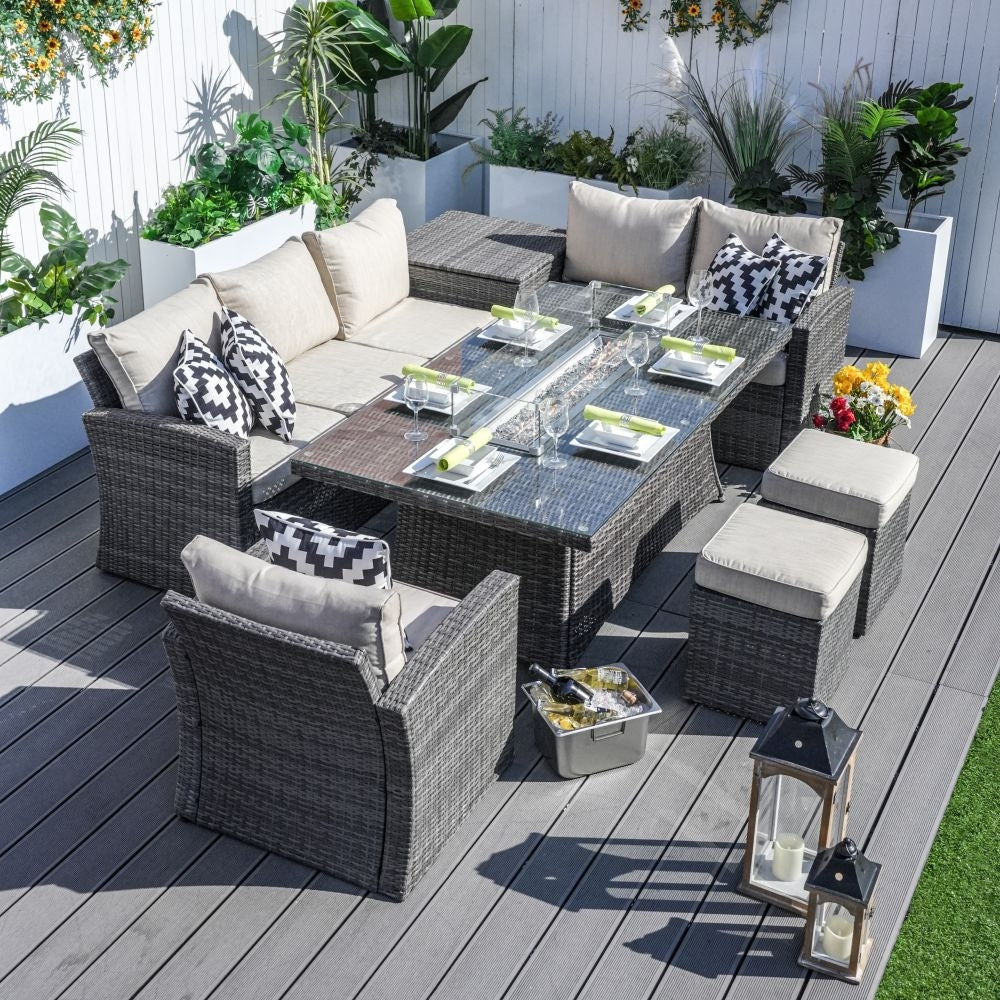 Set da pranzo con braciere per conversazione all'aperto Morden in vimini/acciaio da 7 pezzi