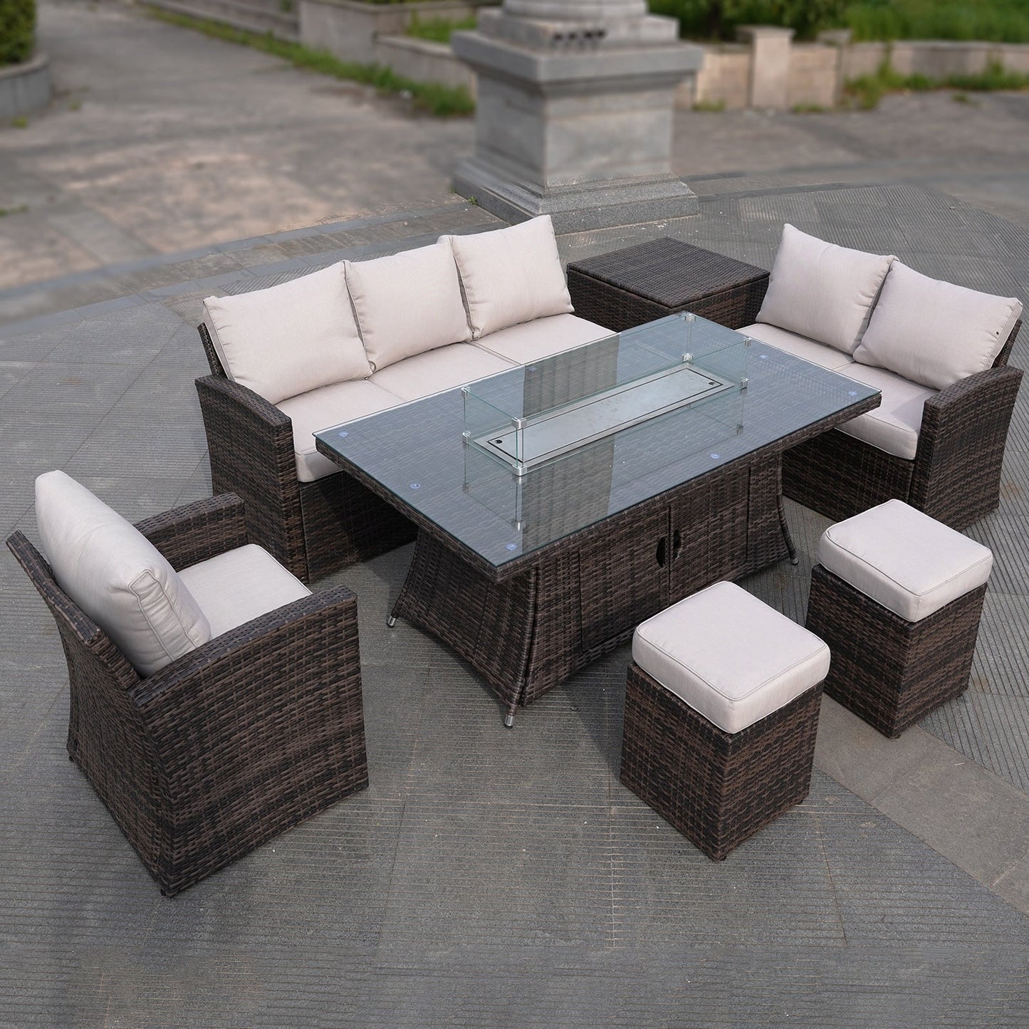 Set da pranzo con braciere per conversazione all'aperto Morden in vimini/acciaio da 7 pezzi