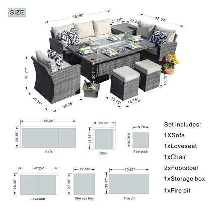 Set da pranzo con braciere per conversazione all'aperto Morden in vimini/acciaio da 7 pezzi