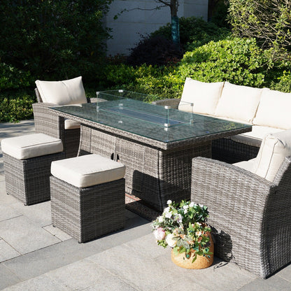 Set da pranzo con braciere per conversazione all'aperto Morden in vimini/acciaio da 7 pezzi