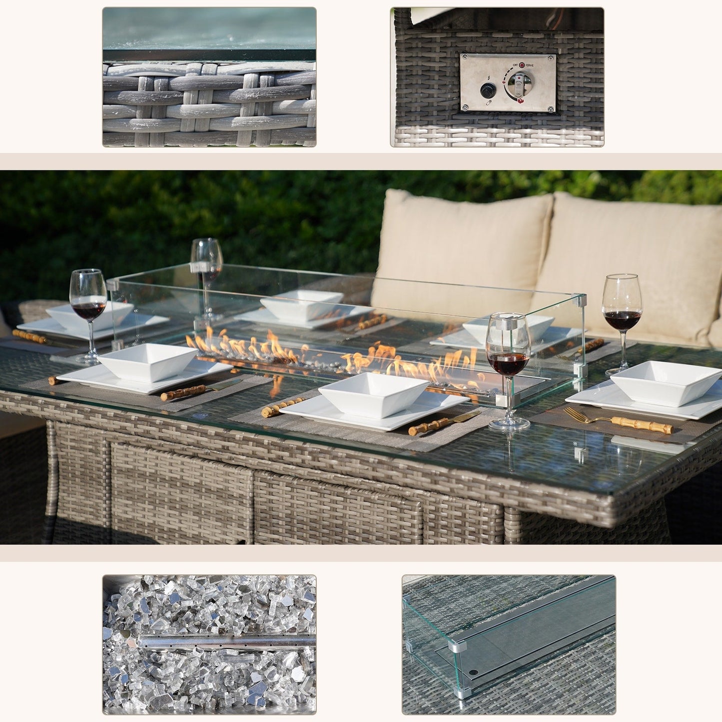 Set da pranzo con braciere per conversazione all'aperto Morden in vimini/acciaio da 7 pezzi