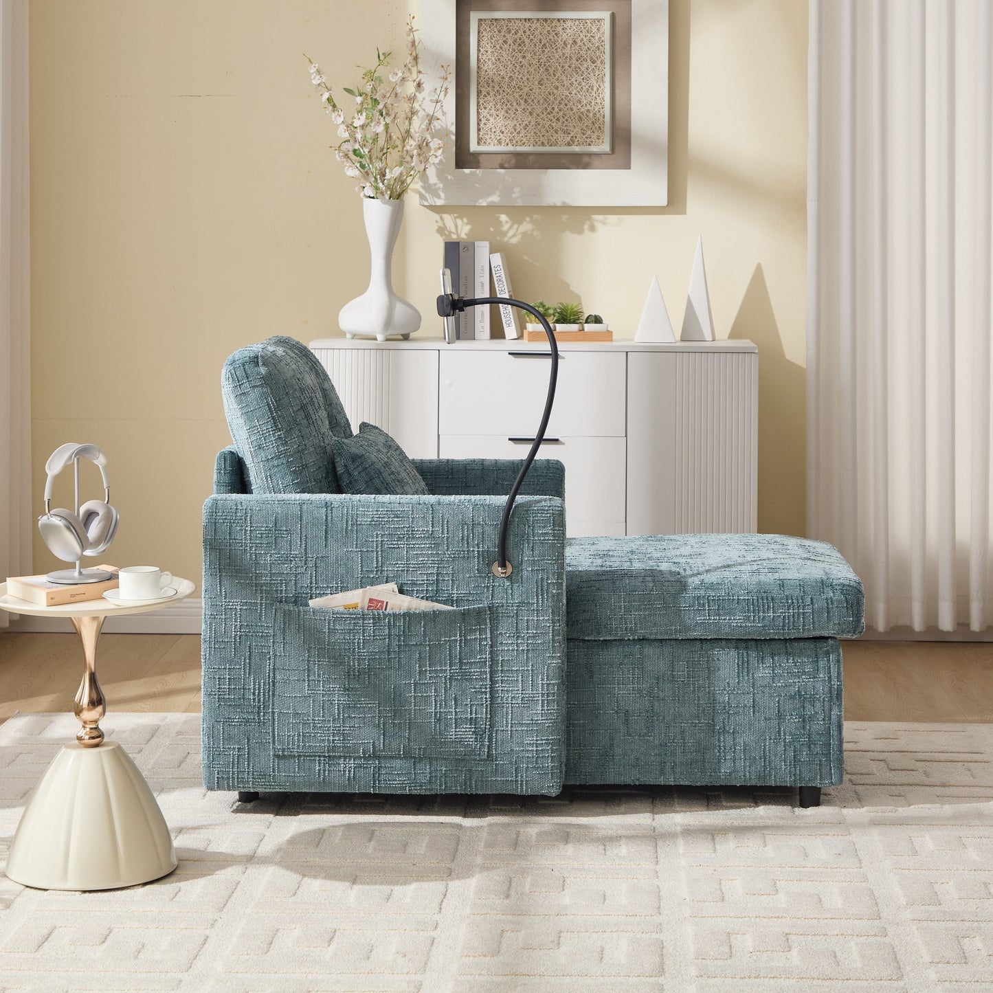 Divano reclinabile multifunzionale per persone pigre, può essere riposto, schienale con supporto per cellulare, sedia singola in ciniglia per il tempo libero