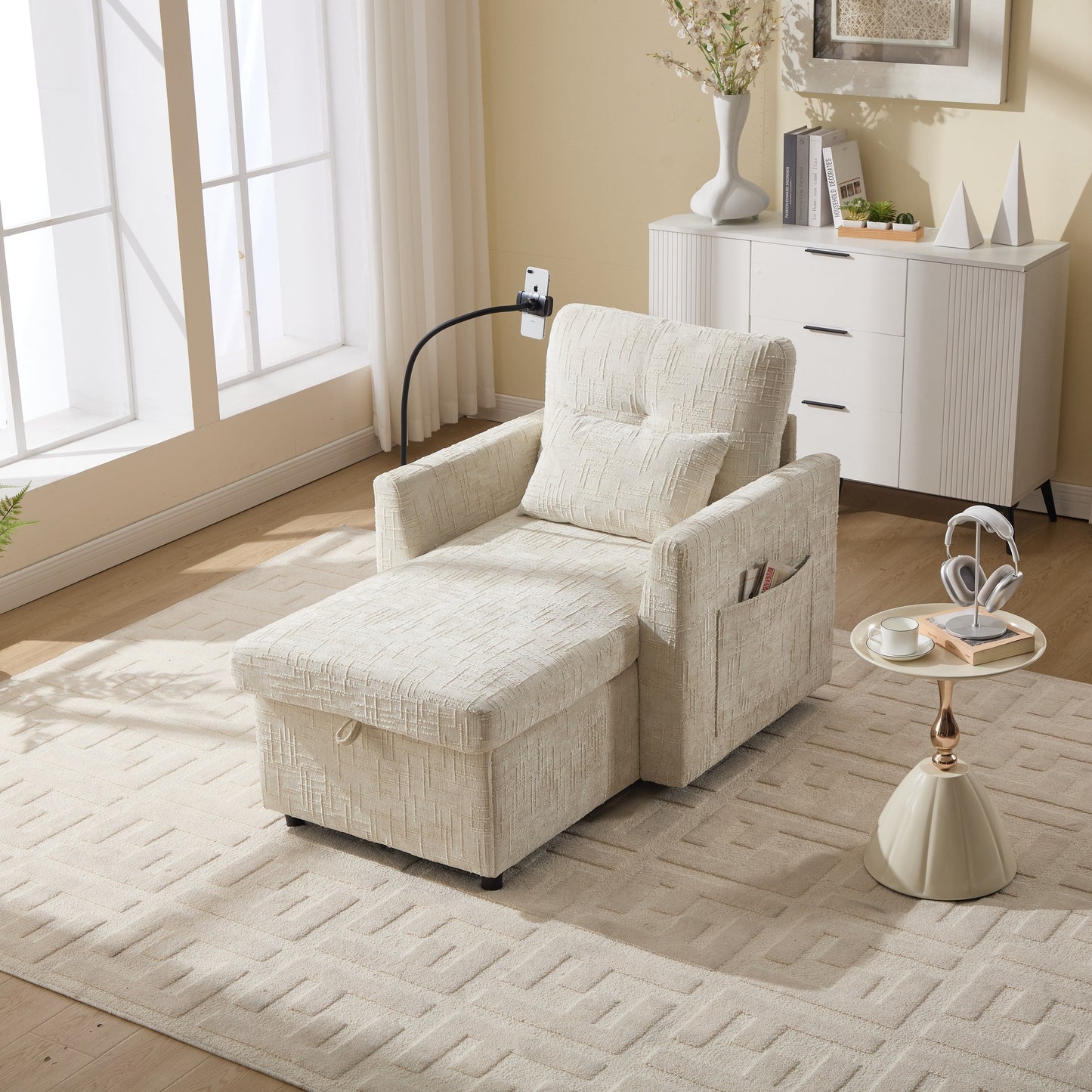 Divano reclinabile multifunzionale per persone pigre, schienale contenitore con supporto per cellulare, poltrona singola in ciniglia per il tempo libero