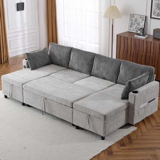 Divano letto componibile multifunzionale con divano letto estraibile, due chaise longue con contenitore, porte USB e portabicchieri per il soggiorno
