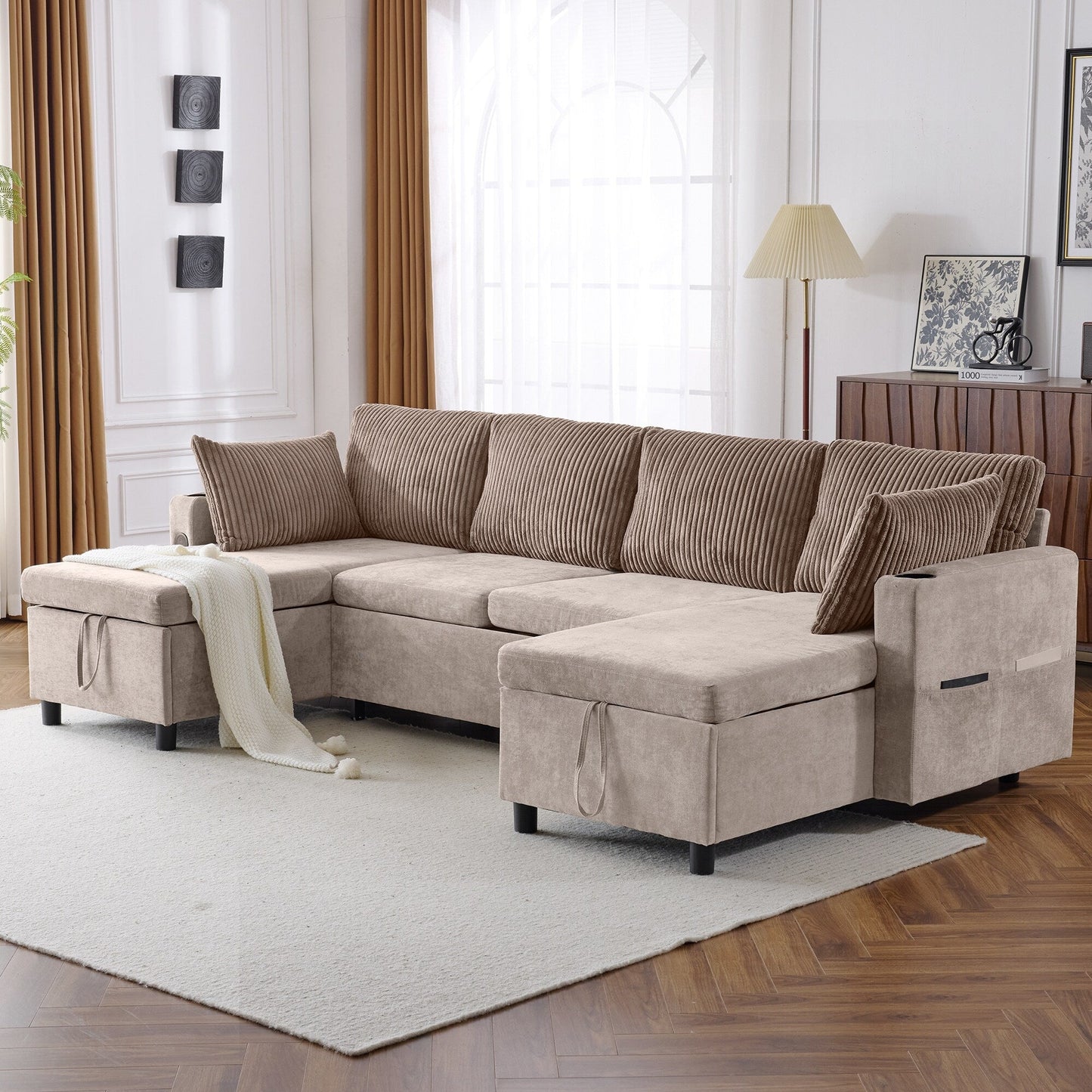 Divano letto componibile multifunzionale con divano letto estraibile, due chaise longue con contenitore, porte USB e portabicchieri per il soggiorno