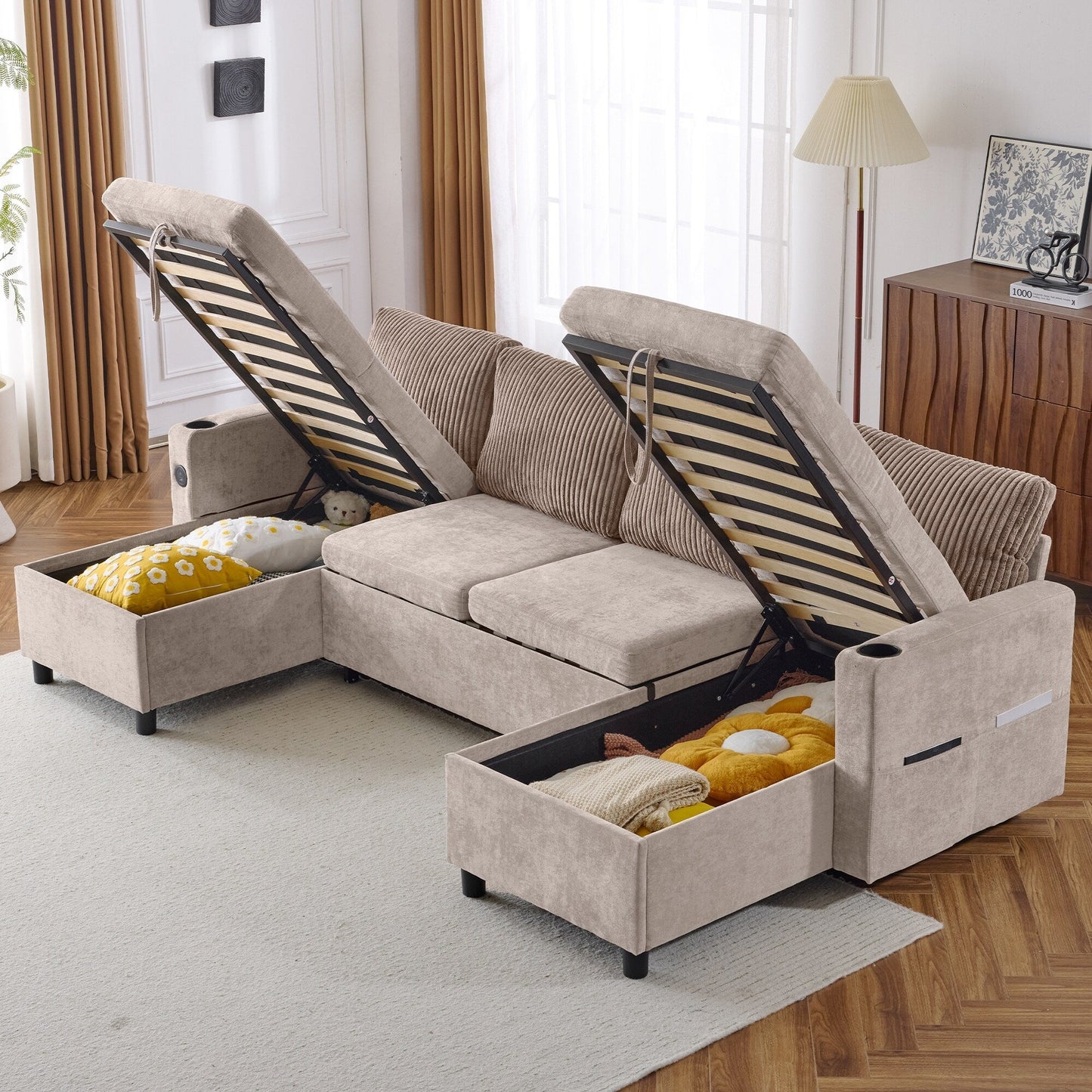 Divano letto componibile multifunzionale con divano letto estraibile, due chaise longue con contenitore, porte USB e portabicchieri per il soggiorno