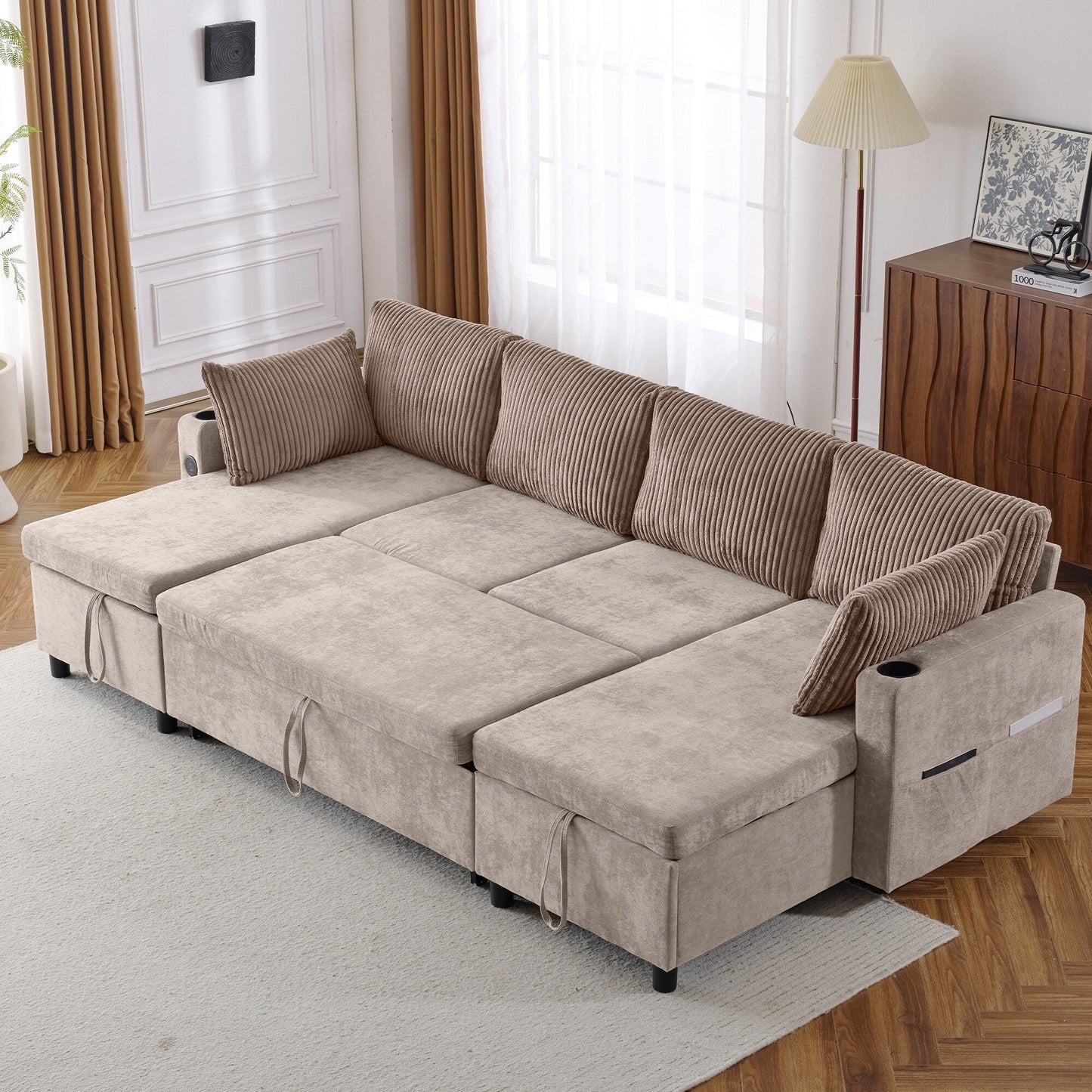 Divano letto componibile multifunzionale con divano letto estraibile, due chaise longue con contenitore, porte USB e portabicchieri per il soggiorno