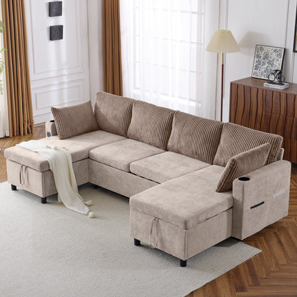 Divano letto componibile multifunzionale con divano letto estraibile, due chaise longue con contenitore, porte USB e portabicchieri per il soggiorno