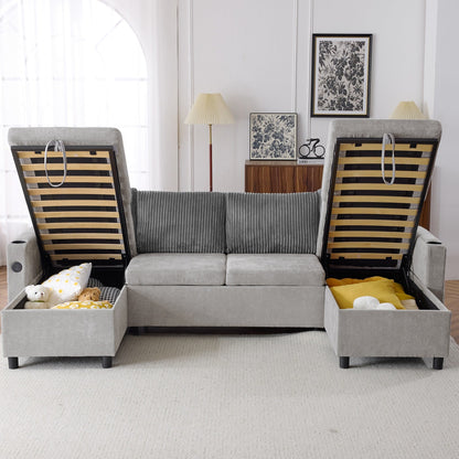 Divano letto componibile multifunzionale con divano letto estraibile, due chaise longue con contenitore, porte USB e portabicchieri per il soggiorno