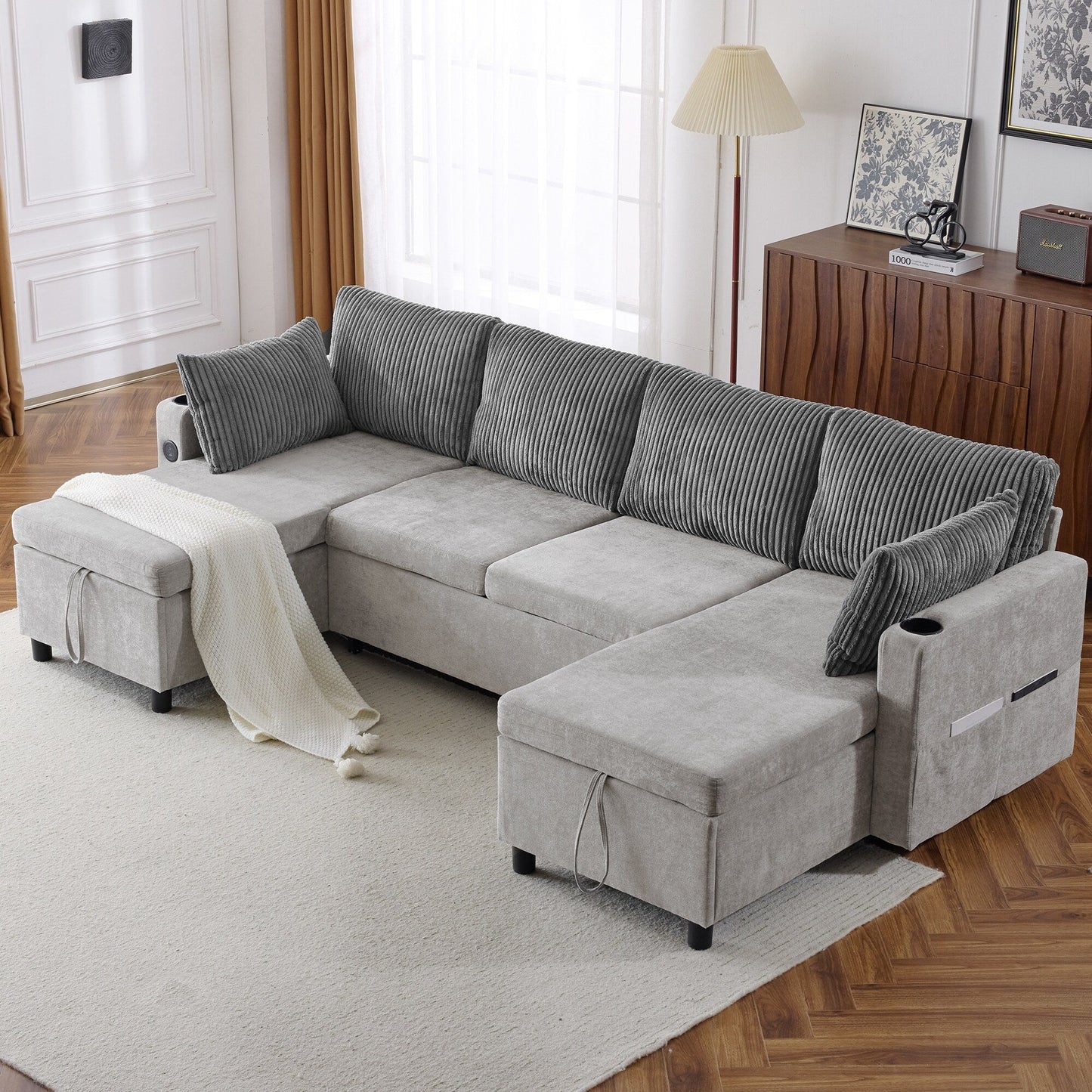 Divano letto componibile multifunzionale con divano letto estraibile, due chaise longue con contenitore, porte USB e portabicchieri per il soggiorno