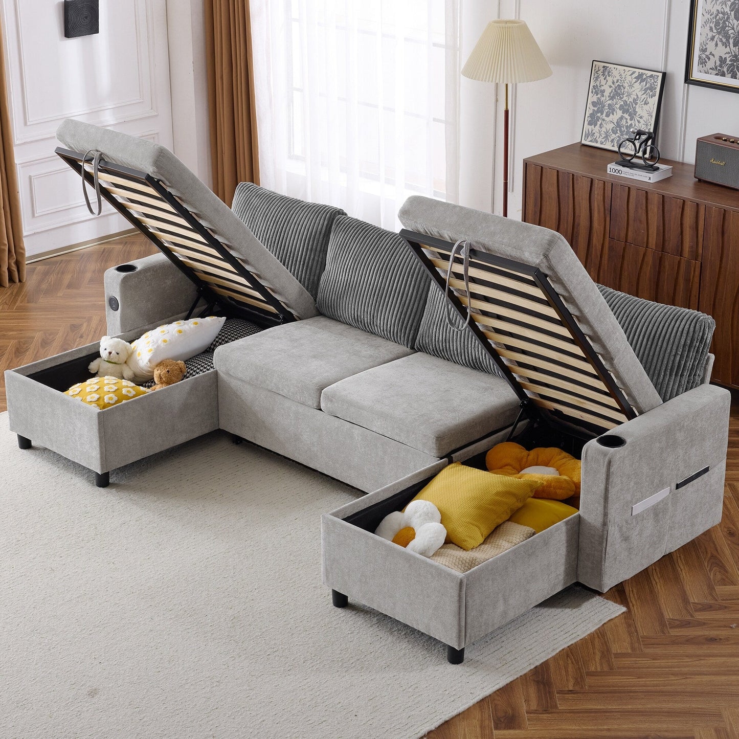 Divano letto componibile multifunzionale con divano letto estraibile, due chaise longue con contenitore, porte USB e portabicchieri per il soggiorno
