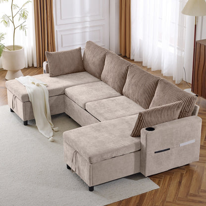 Divano letto componibile multifunzionale con divano letto estraibile, due chaise longue con contenitore, porte USB e portabicchieri per il soggiorno