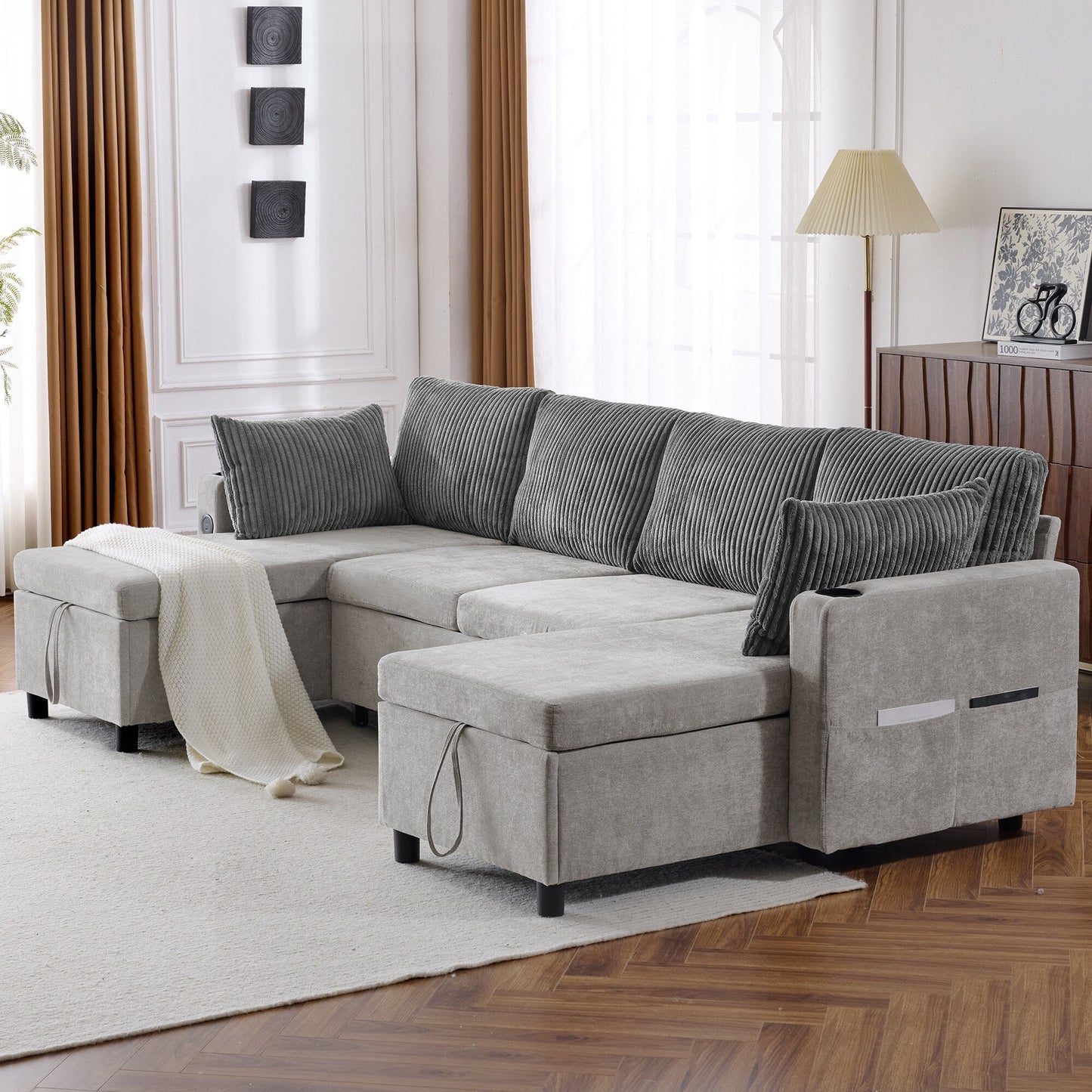Divano letto componibile multifunzionale con divano letto estraibile, due chaise longue con contenitore, porte USB e portabicchieri per il soggiorno