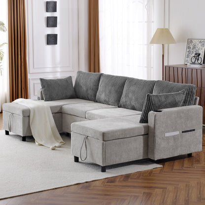 Divano letto componibile multifunzionale con divano letto estraibile, due chaise longue con contenitore, porte USB e portabicchieri per il soggiorno