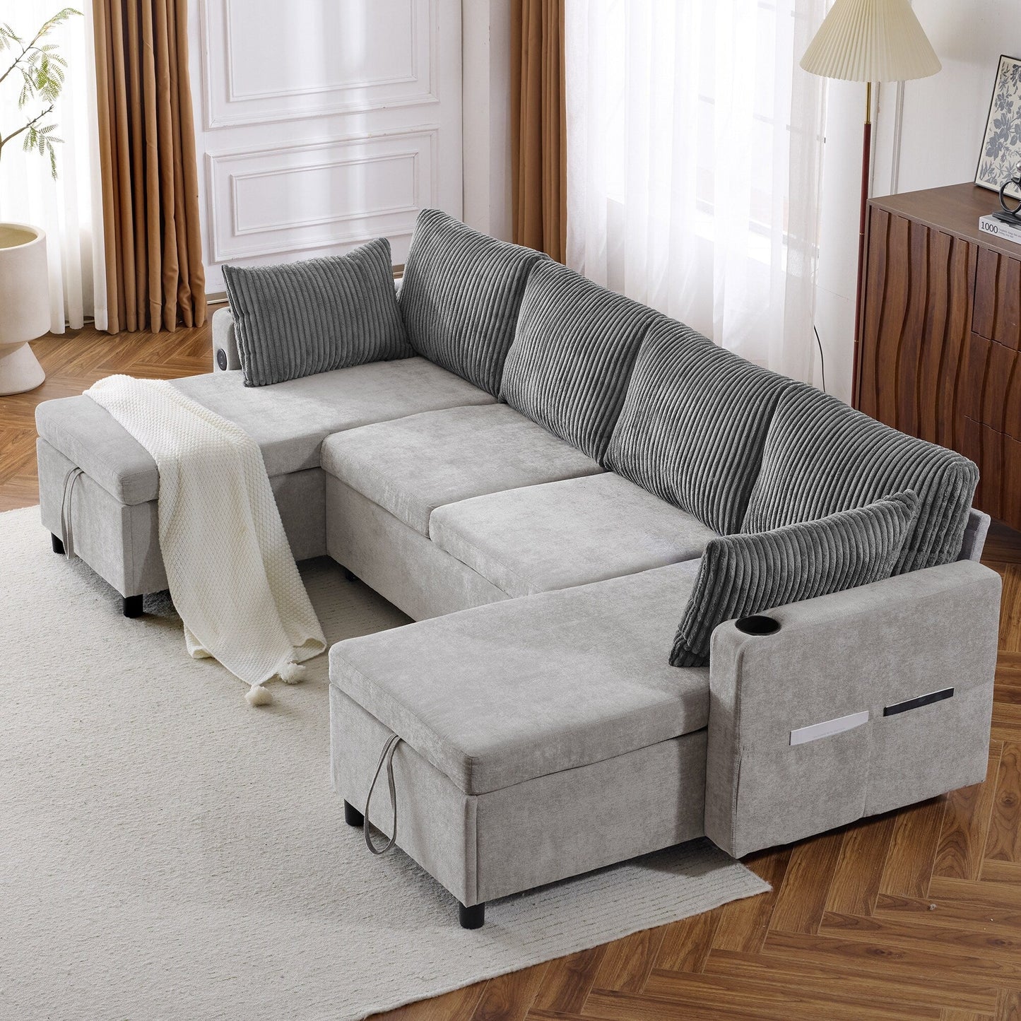 Divano letto componibile multifunzionale con divano letto estraibile, due chaise longue con contenitore, porte USB e portabicchieri per il soggiorno