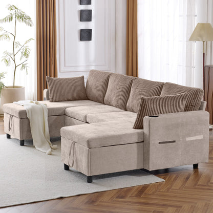 Divano letto componibile multifunzionale con divano letto estraibile, due chaise longue con contenitore, porte USB e portabicchieri per il soggiorno