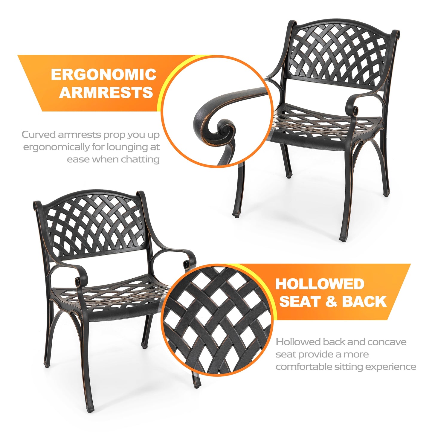 Set da bistrot da esterno 3 pezzi con foro per ombrellone, nero con bordo verniciato oro