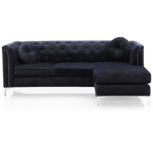 Divano componibile in velluto trapuntato con finiture a borchie e cuscini decorativi - 83 - Nero