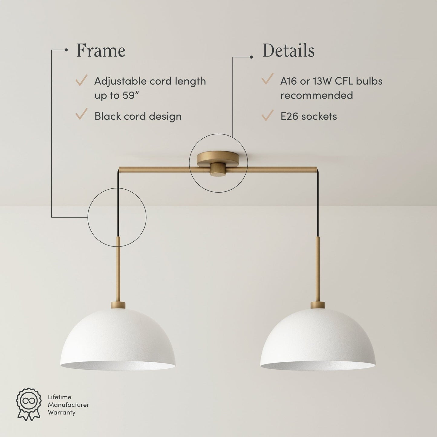 Lampada a sospensione moderna a 2 luci Nathan James Percy, con paralume in metallo e cavo regolabile