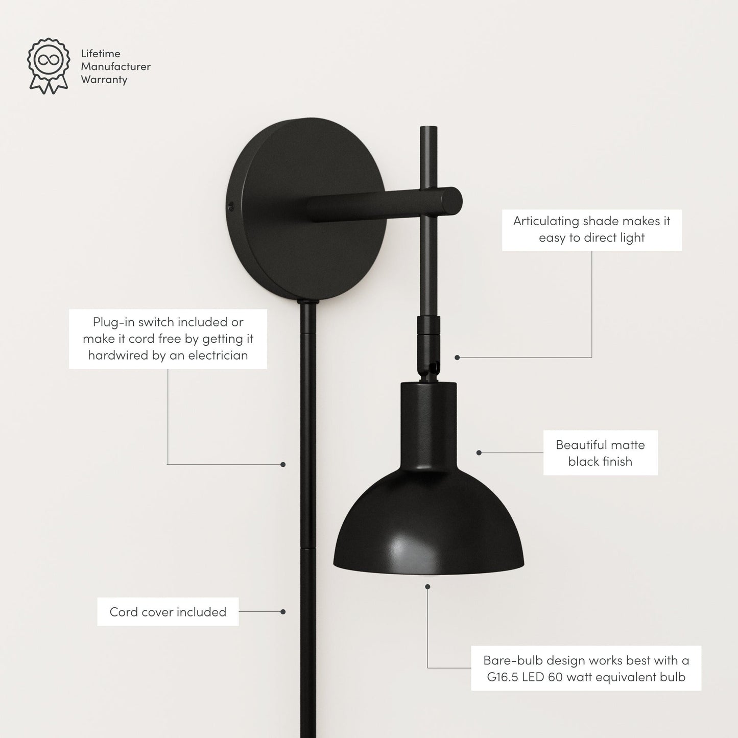 Nathan James Tamlin Applique da parete con braccio a 1 luce con spina e interruttore on/off